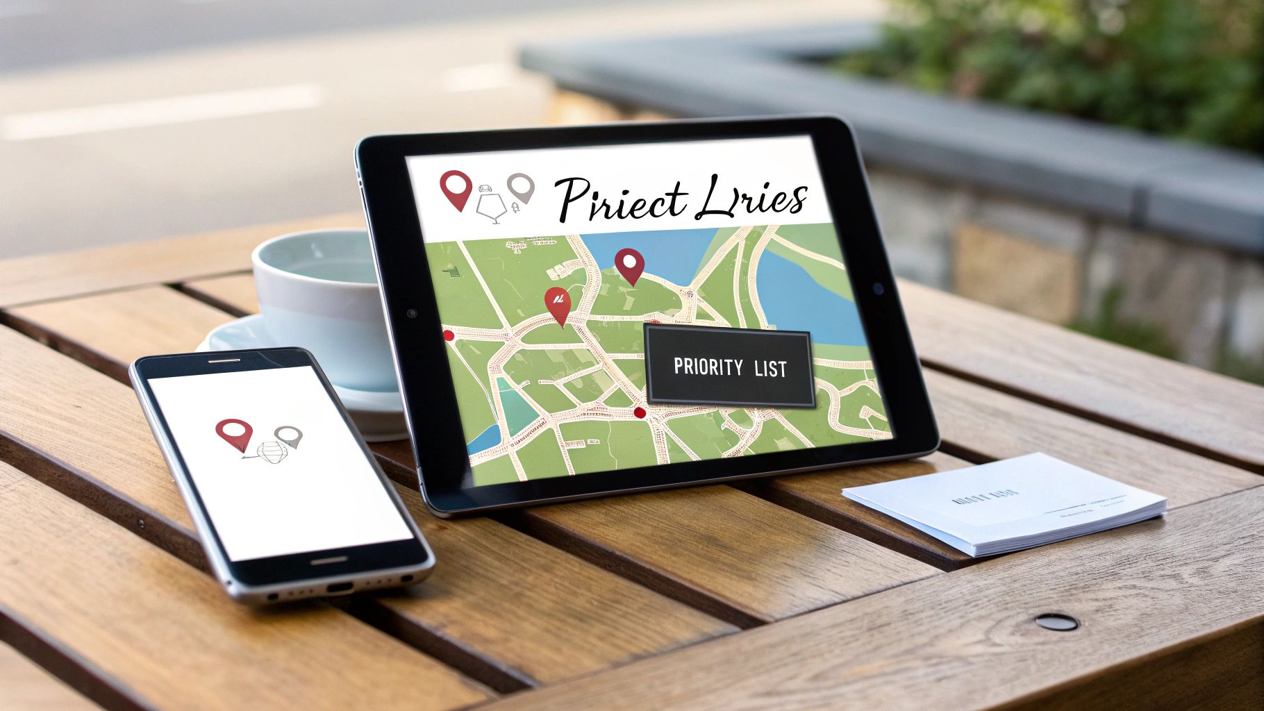 A tablet and smartphone on a wooden table displaying local maps and a priority list for planning.