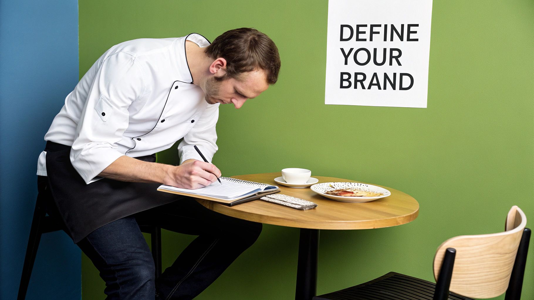 A professional chef in uniform diligently writes notes at a cafe table with a 'DEFINE YOUR BRAND' sign.