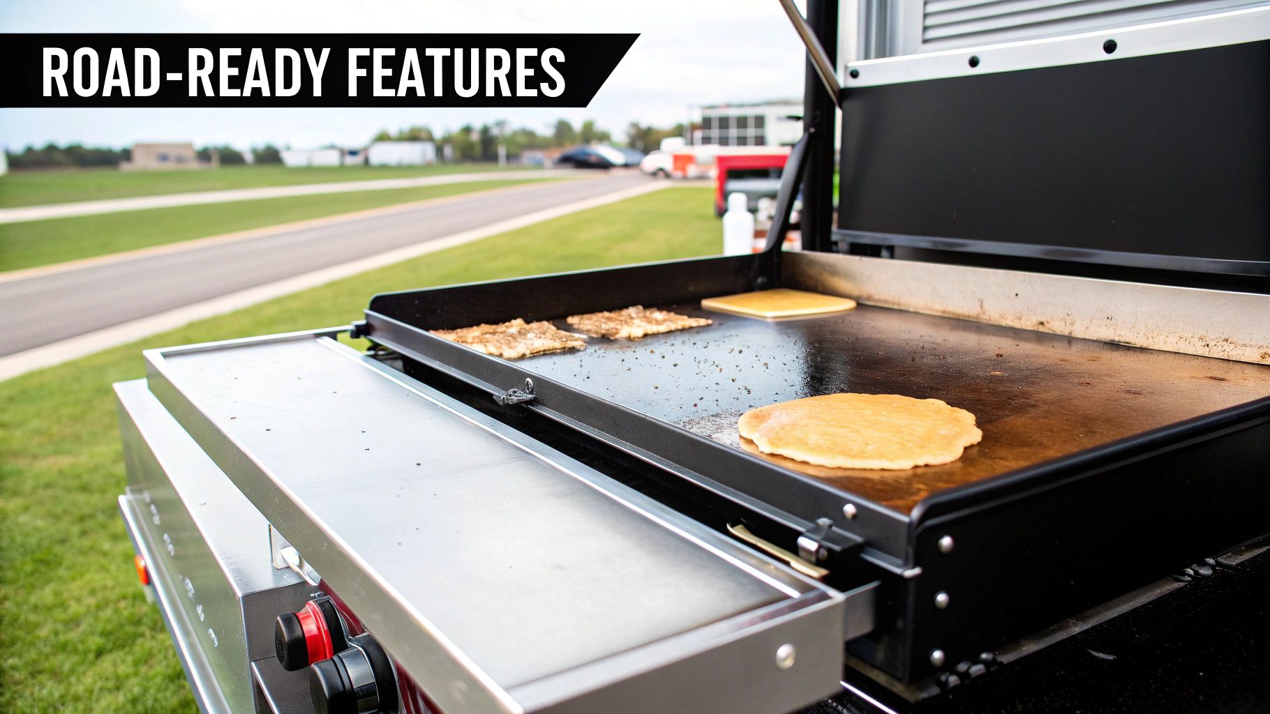 A close-up of a food truck griddle cooking pancakes outdoors, featuring “ROAD-READY FEATURES” text.