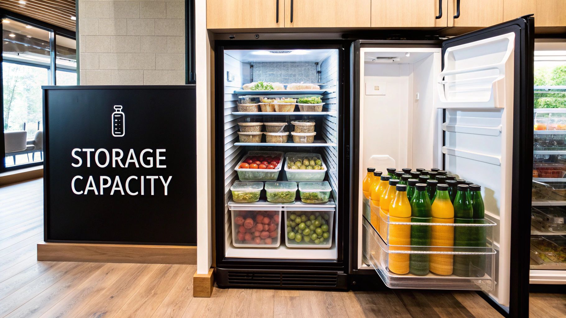 An undercounter refrigerator displaying its storage capacity, filled with fresh produce, meals, and bottled drinks.