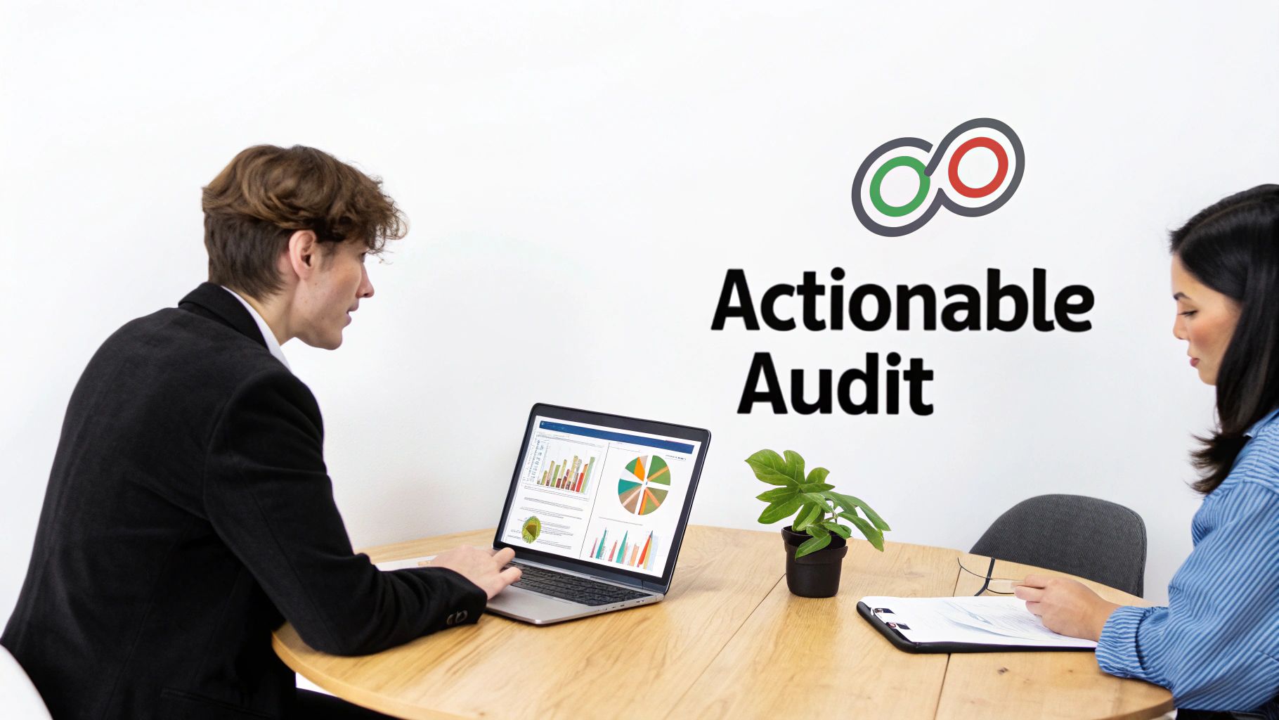 Two professionals review data on a laptop and documents, with 'Actionable Audit' text on the wall.