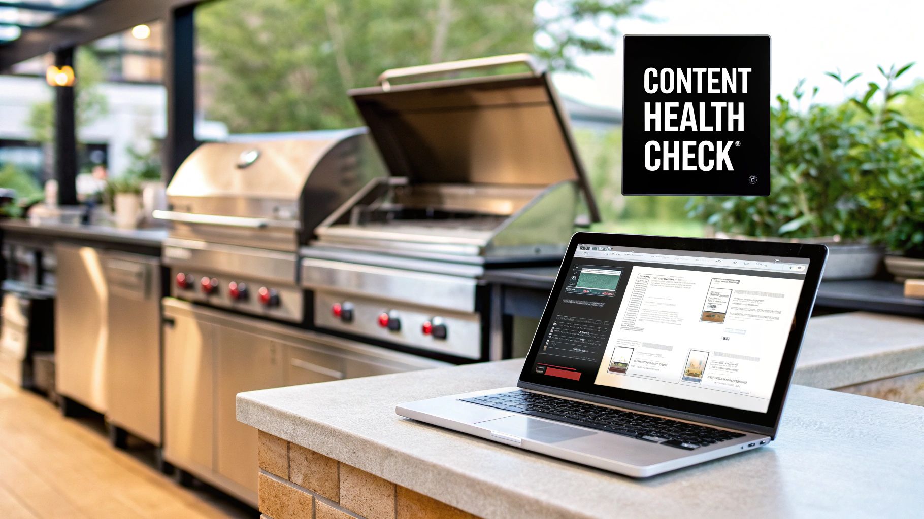 Laptop showing 'Content Health Check' interface on an outdoor kitchen counter with grills.