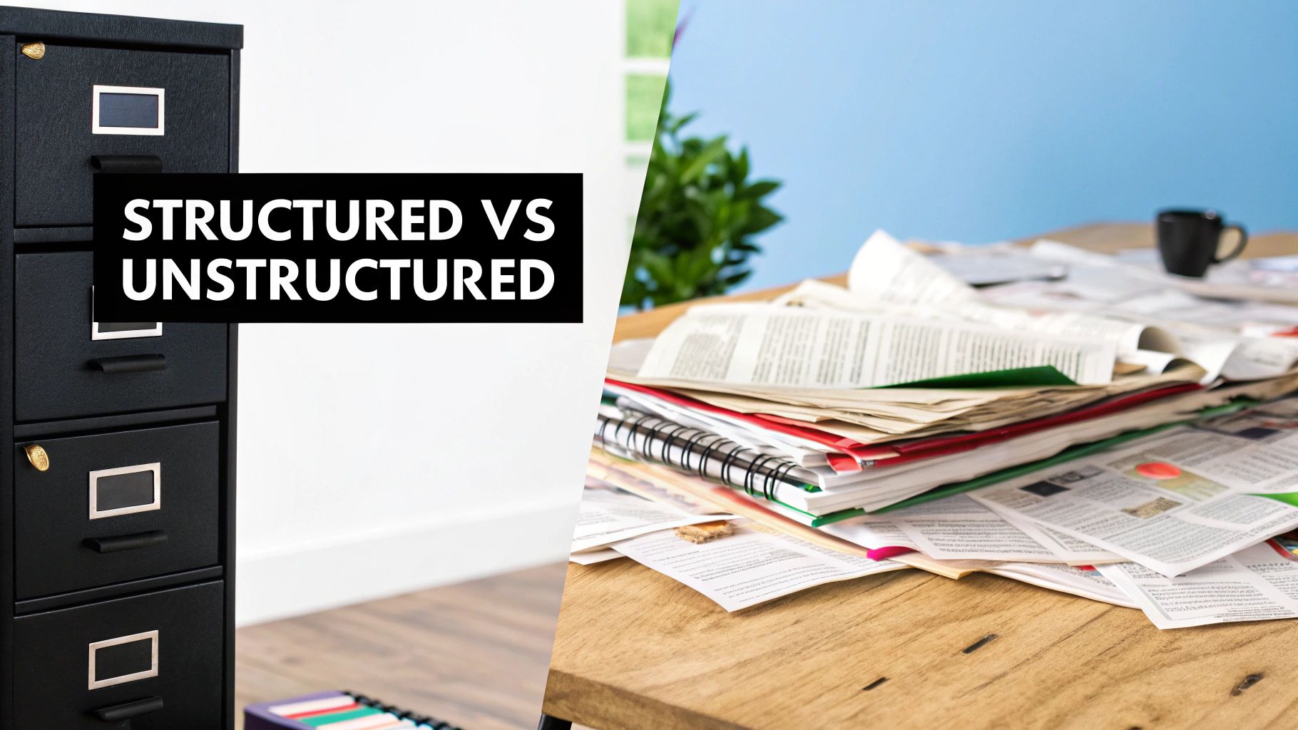 A split image showing a neat filing cabinet on one side (structured) and a casual conversation on the other (unstructured).
