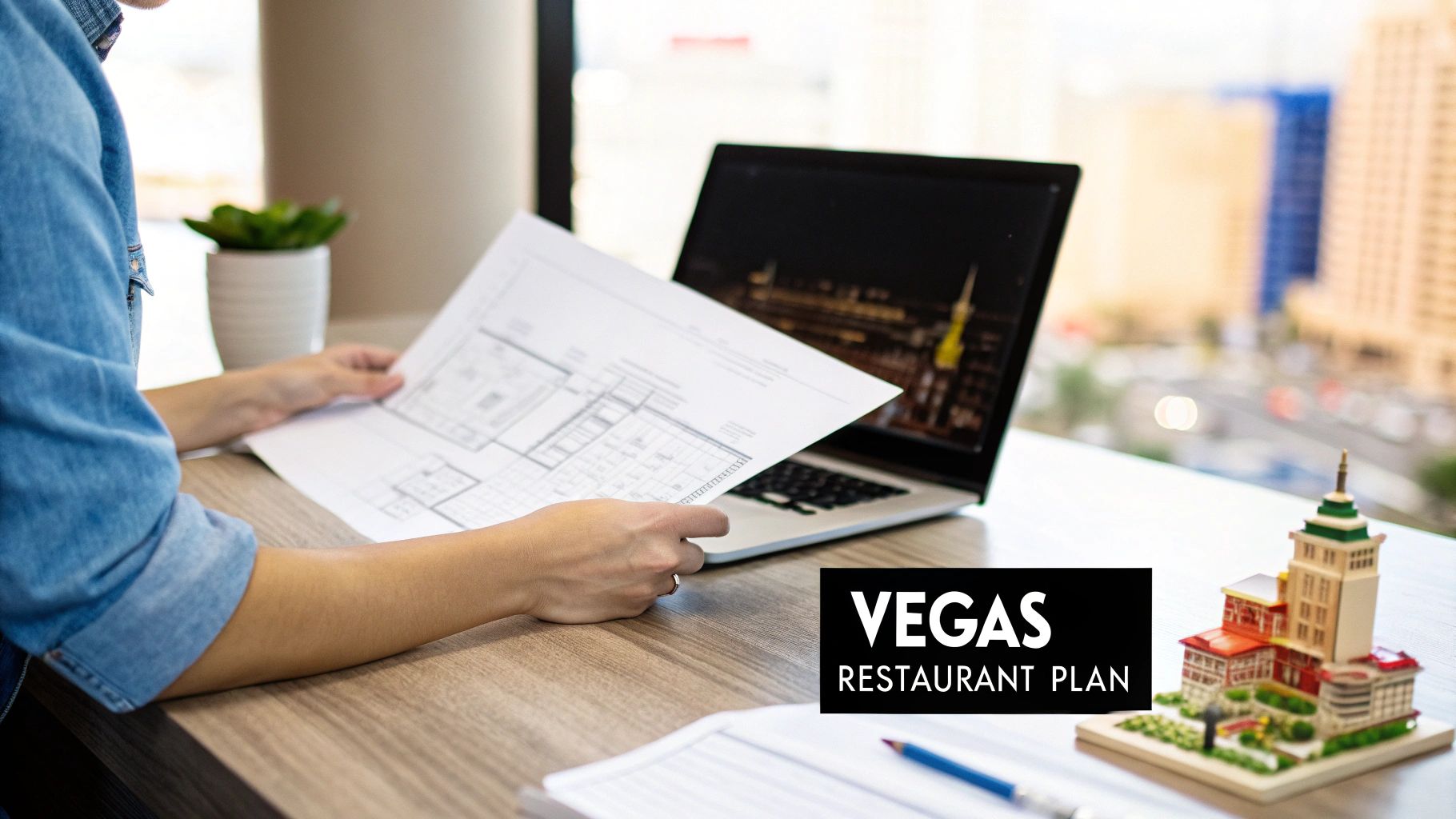 Person reviewing building plans for a Vegas restaurant business on a desk with a laptop.