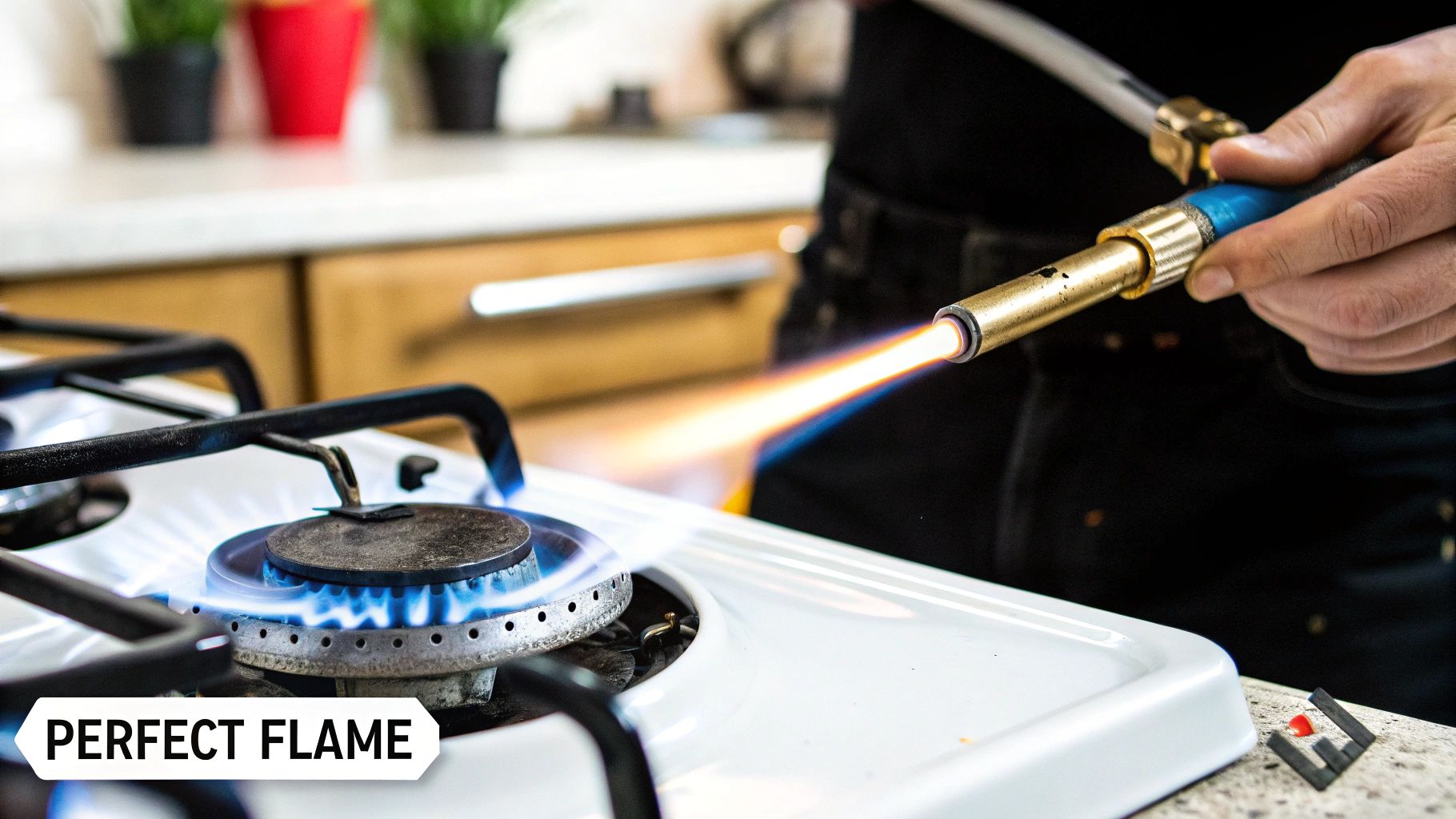 A person's hand holds a torch with a bright flame near a lit gas stove burner.
