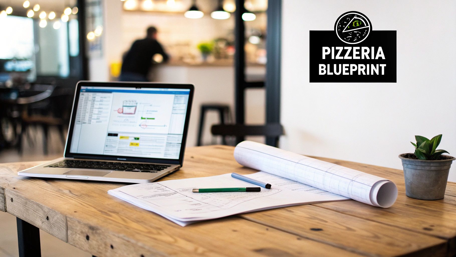 A laptop, blueprints, and drawing tools on a wooden desk, with a 'Pizzeria Blueprint' logo.