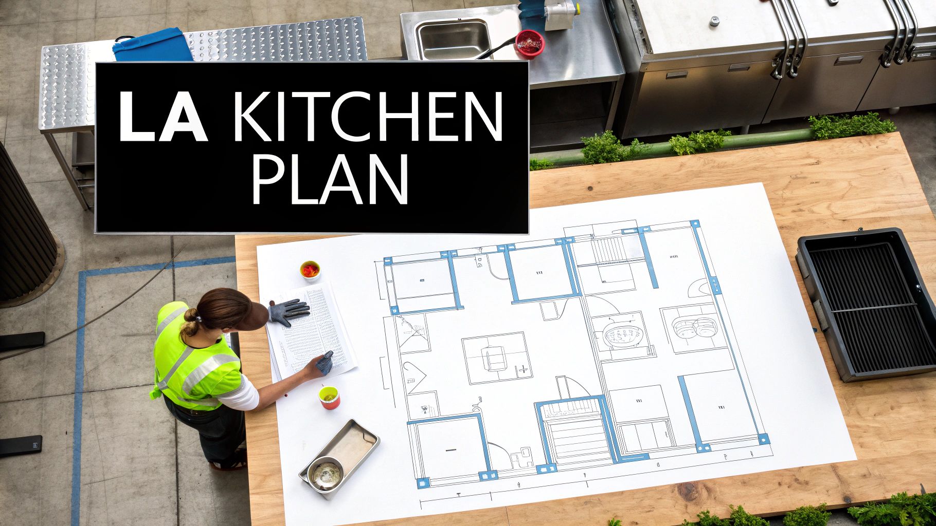 Overhead view of a worker reviewing an architectural kitchen plan on a table with kitchen equipment nearby.