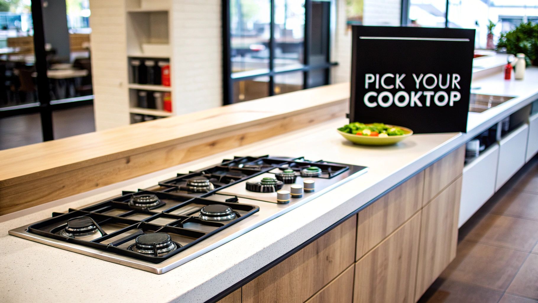 A commercial kitchen with multiple stainless steel gas cooktops ready for service