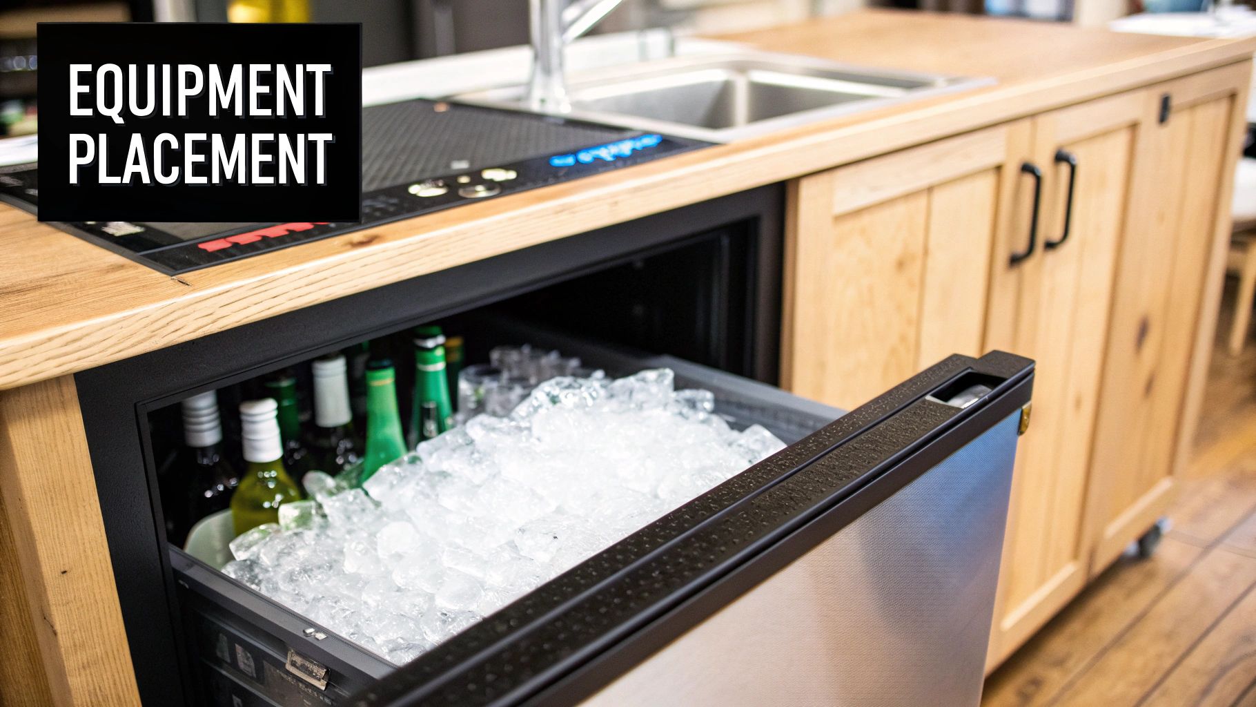 A stylish bar counter with an open ice chest drawer full of bottled drinks, featuring equipment placement.