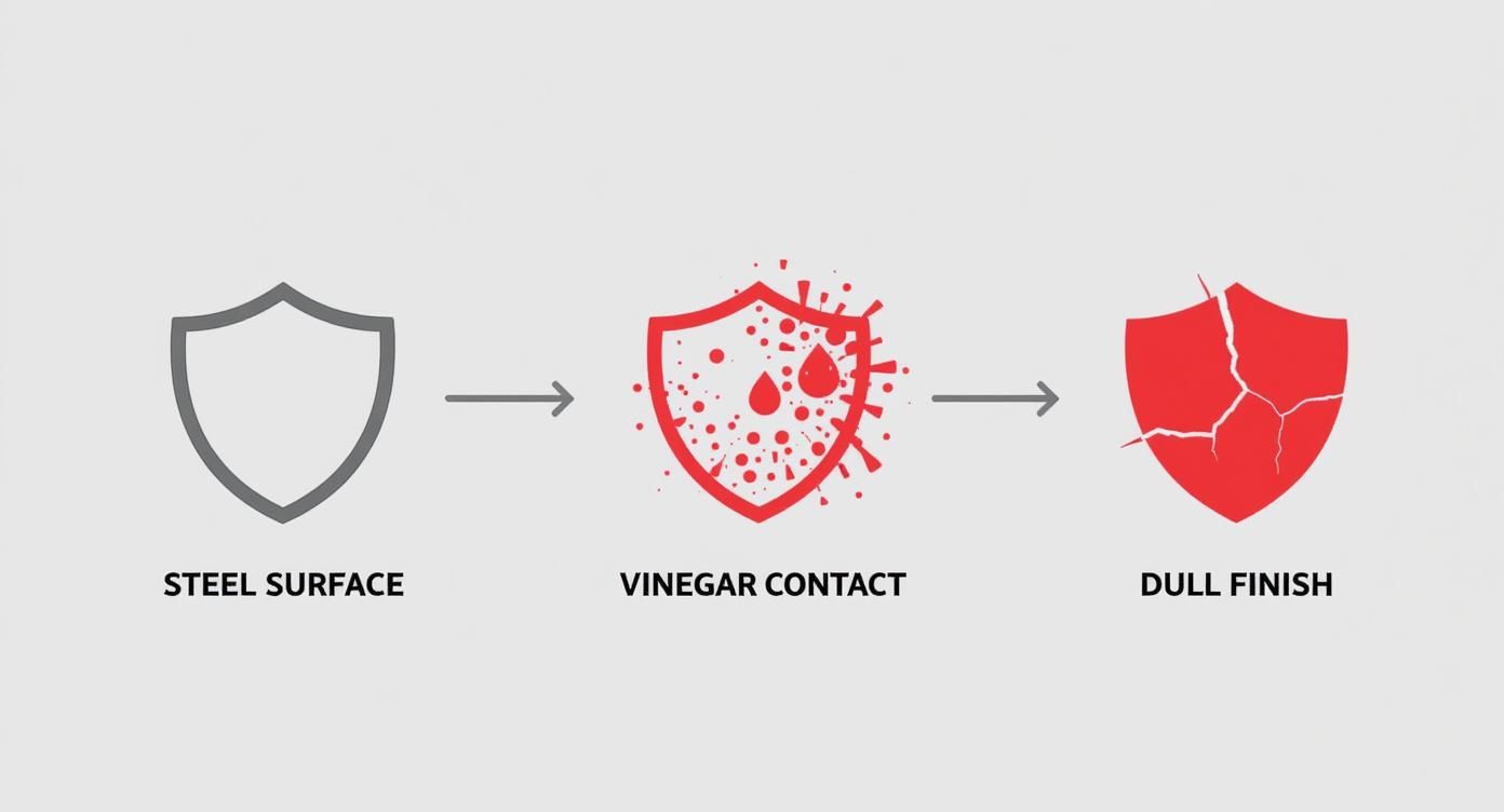 Infographic showing the process of vinegar damaging stainless steel, starting with a protected surface, then vinegar contact, and ending with a dull, cracked surface.
