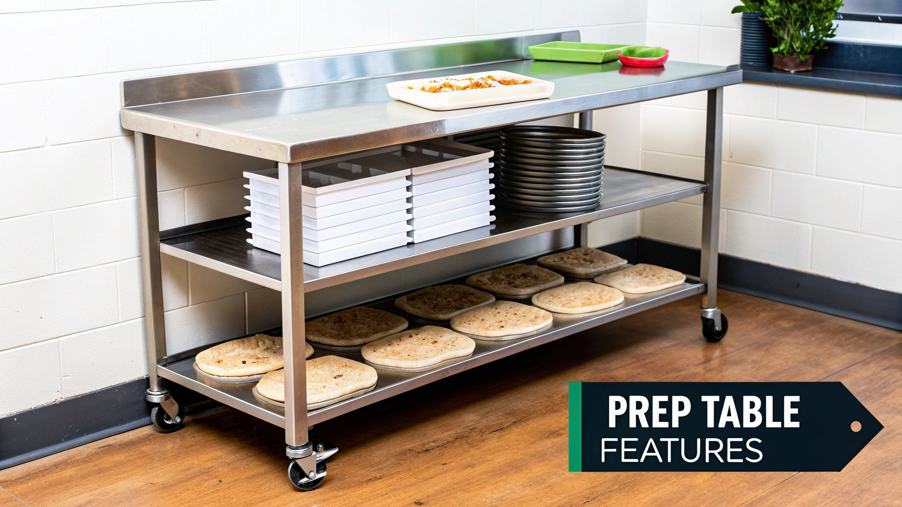A three-tier stainless steel kitchen prep table on wheels, stocked with food, plates, and containers.