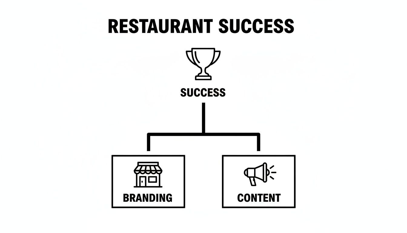 A flowchart illustrating how restaurant success is achieved through effective branding and engaging content strategies.