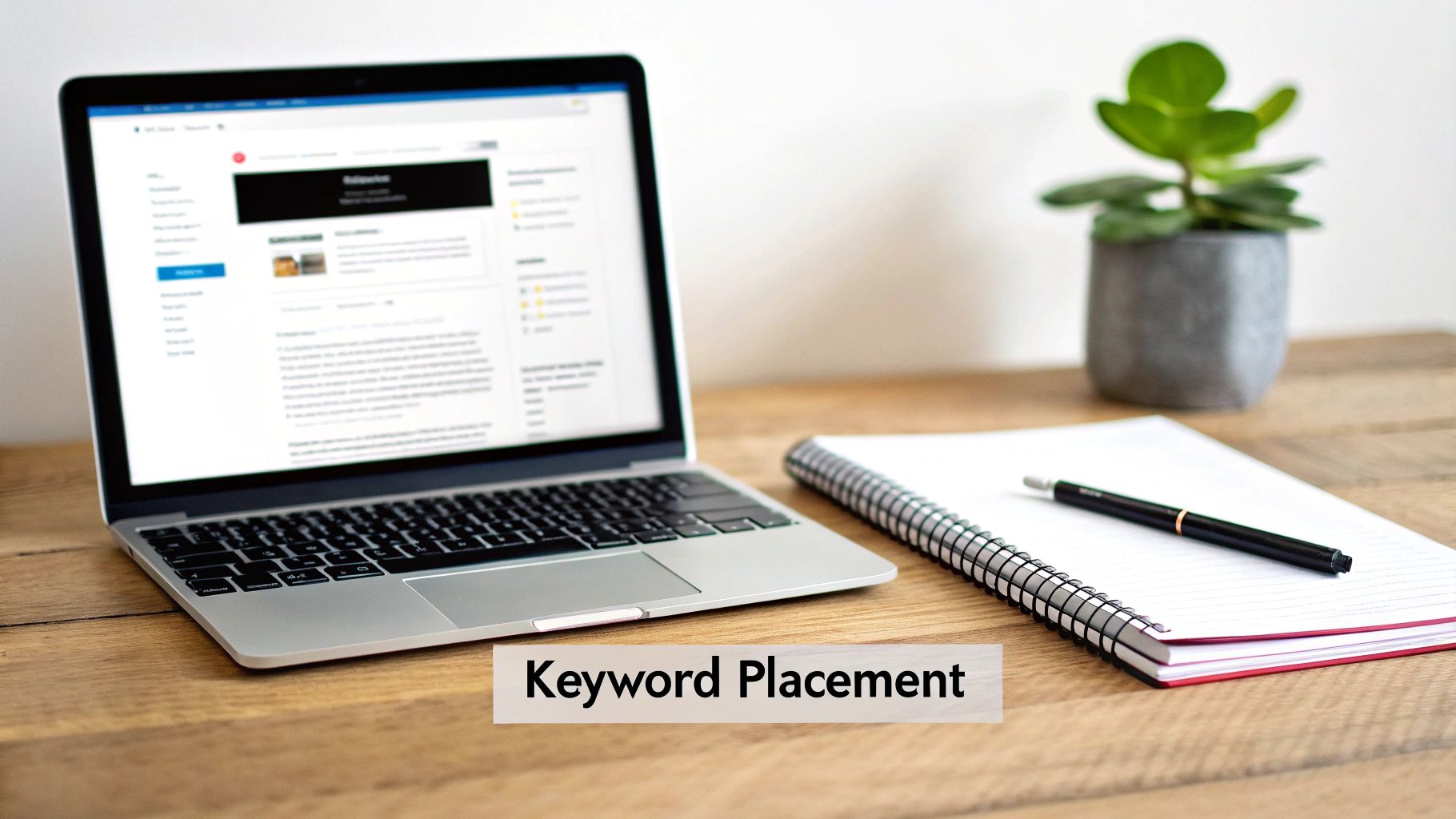 A workspace with a laptop showing a webpage, a notebook with a pen, and a potted plant.