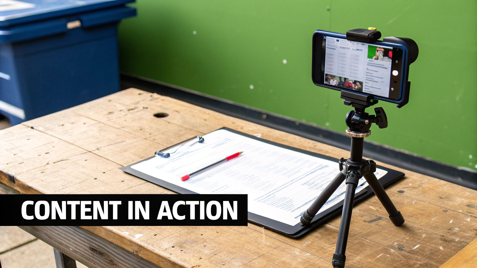 Smartphone on a tripod recording content, alongside a clipboard and pen on a wooden table.