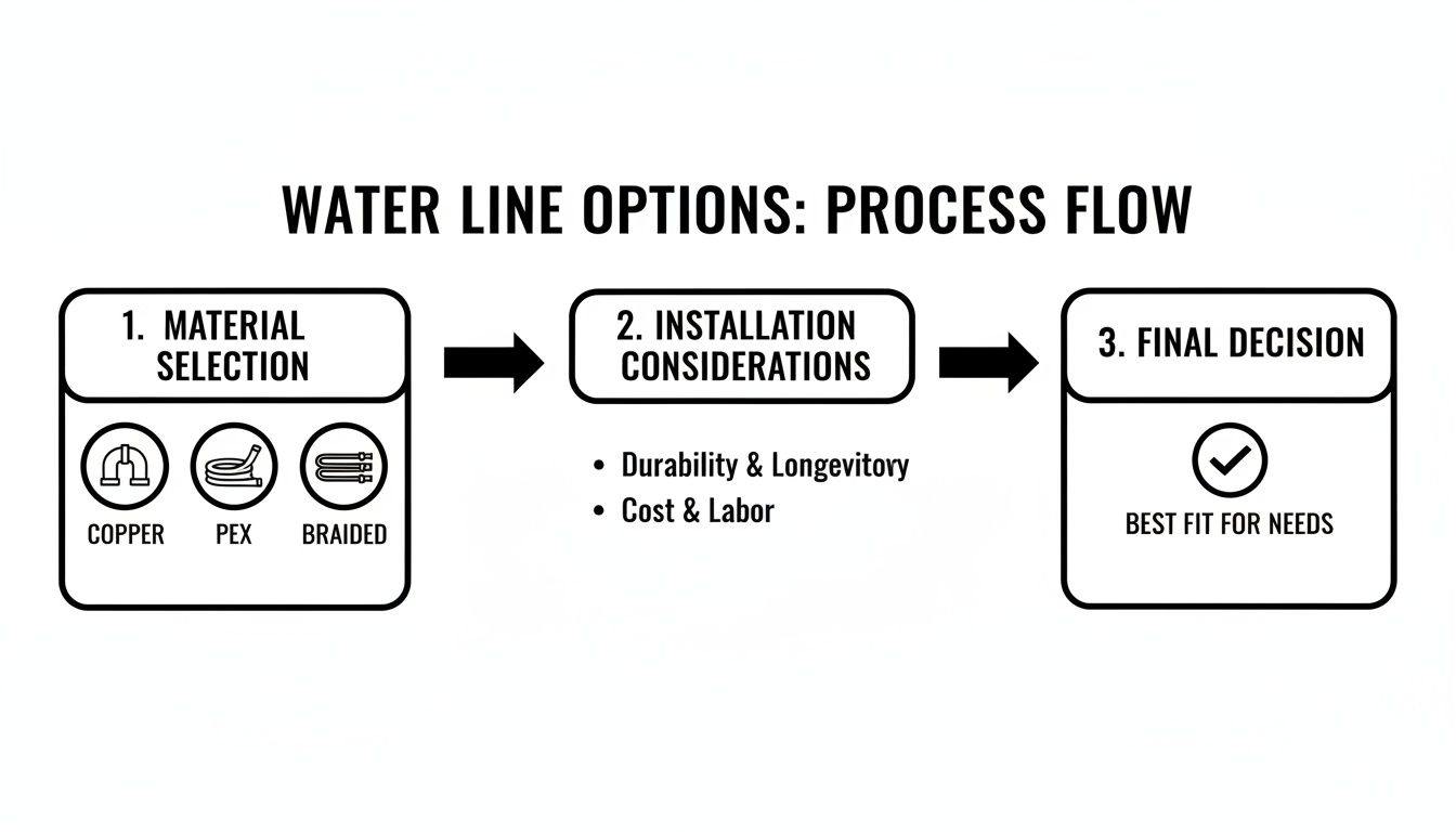 A process flow diagram illustrating water line options, covering material selection, installation considerations, and final decision.