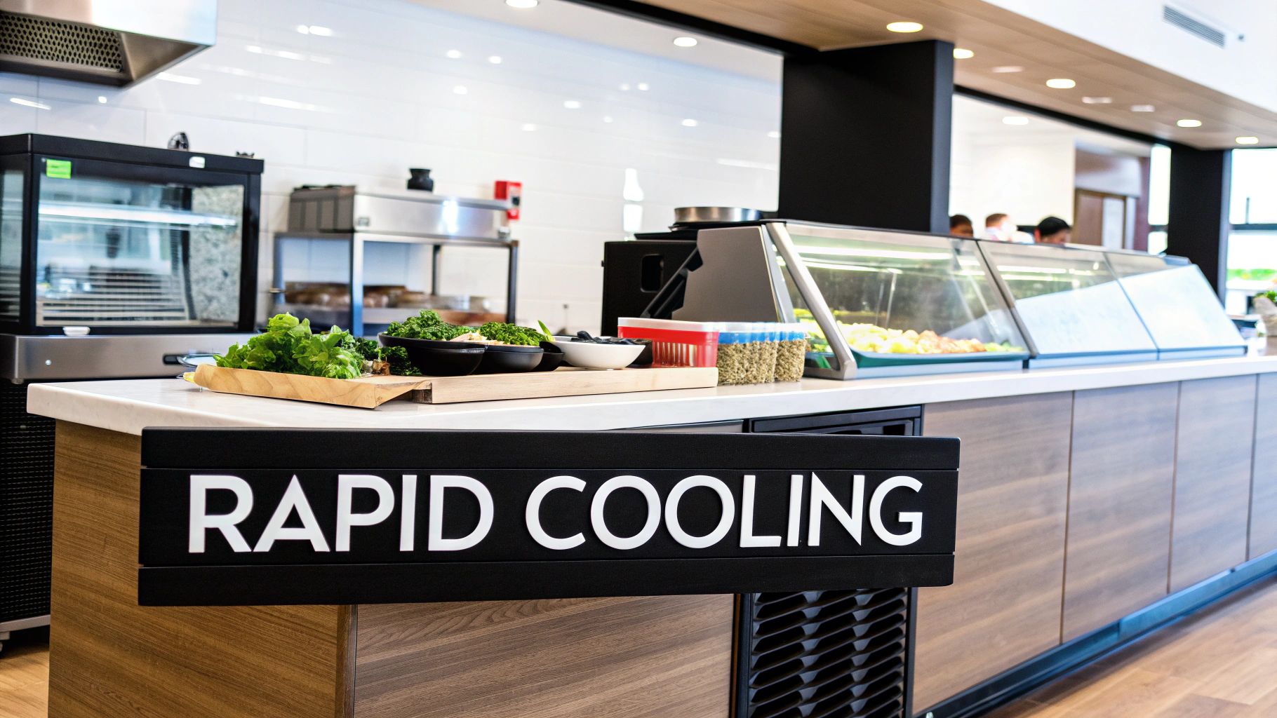A chef placing a tray of a tray of food into a stainless steel commercial blast chiller.