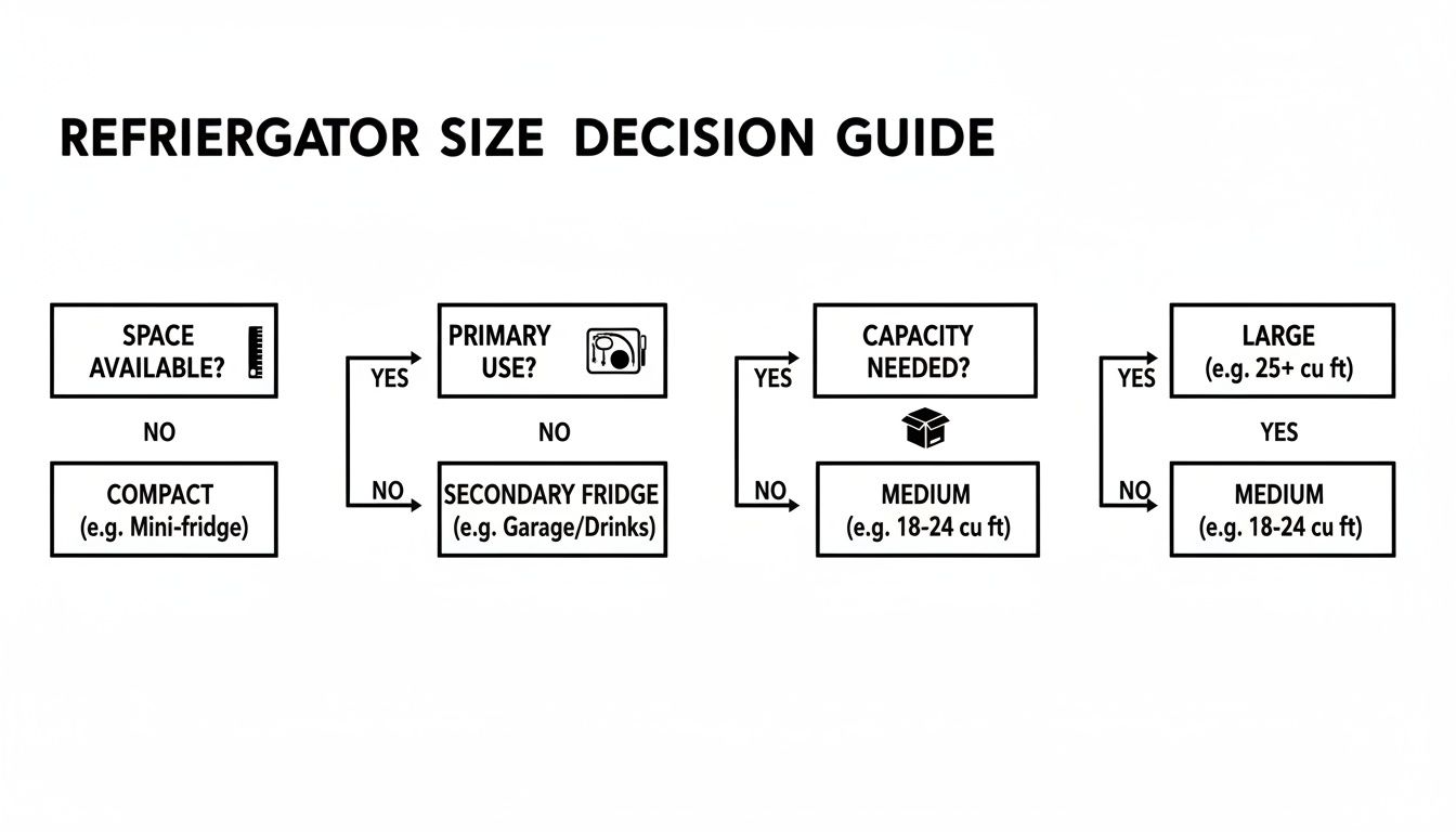 Flowchart guiding refrigerator size selection based on available space, primary use, and capacity needs.