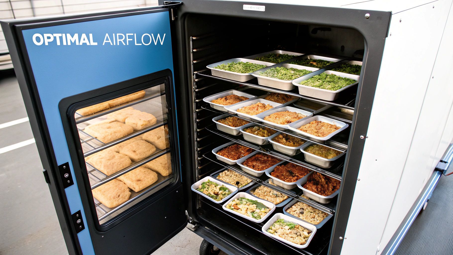 A close-up of a chef checking the temperature of food in a hot holding cabinet with a digital thermometer.