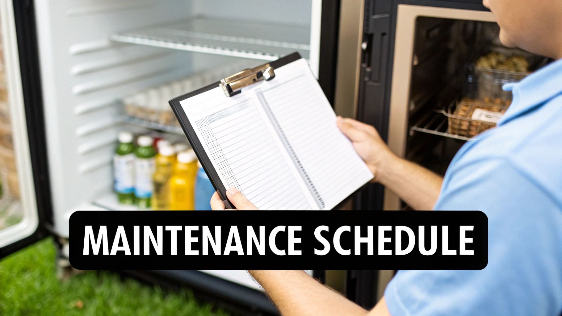 A person checks a maintenance schedule on a clipboard while inspecting the contents of an open commercial refrigerator.