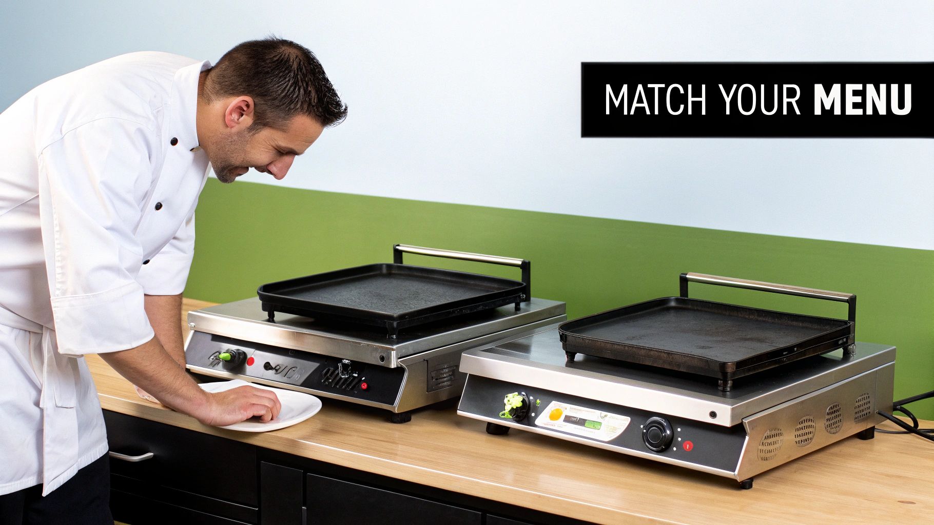 A chef using a large commercial electric griddle to cook multiple burgers at once.