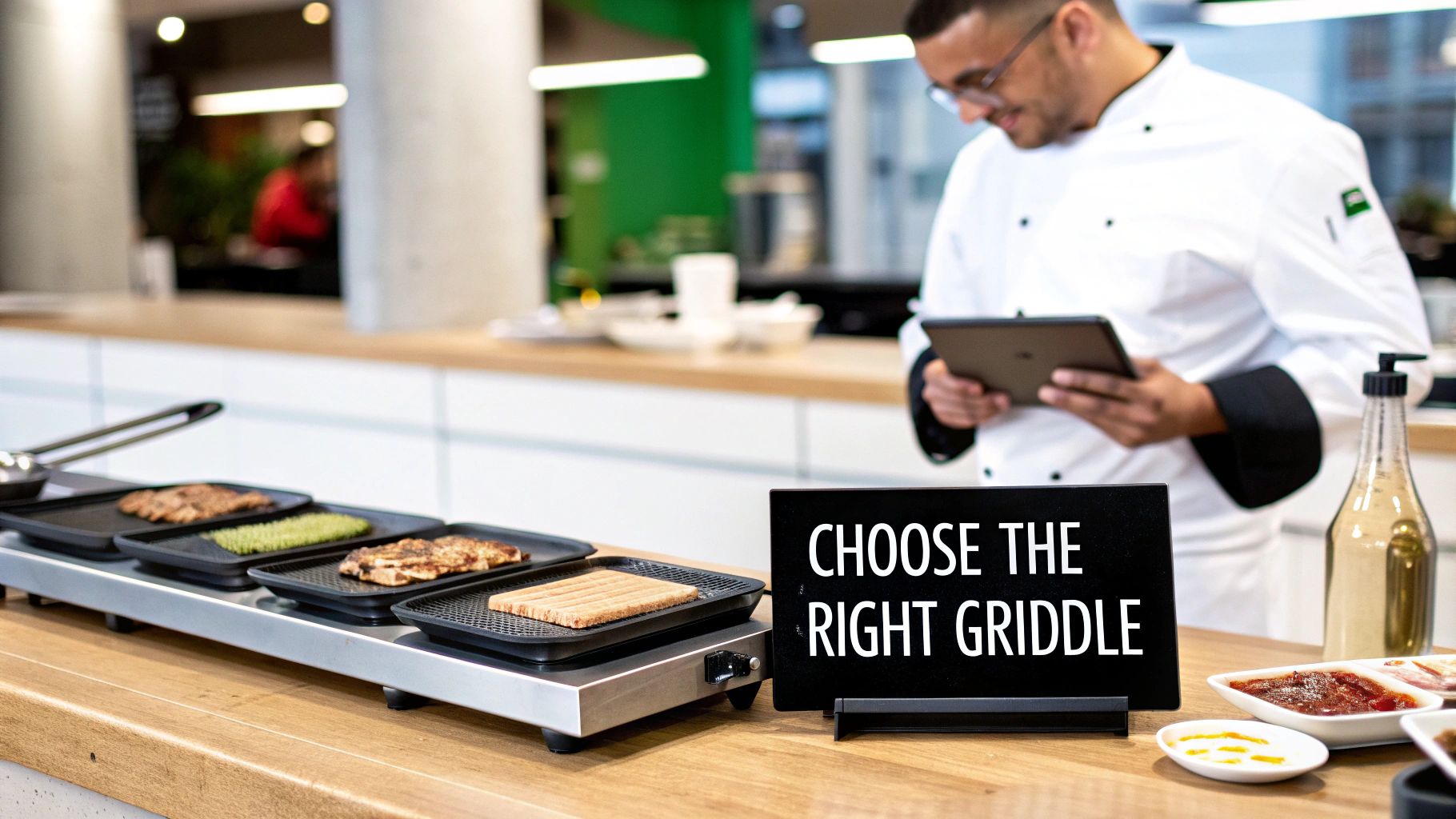 Chef reviewing tablet while demonstrating multiple griddle options for cooking different foods professionally