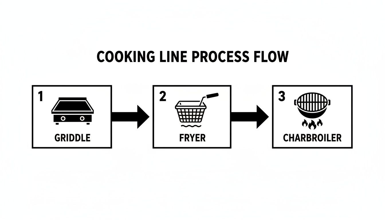 Cooking line process flow diagram showing commercial kitchen equipment: griddle, fryer, and charbroiler.