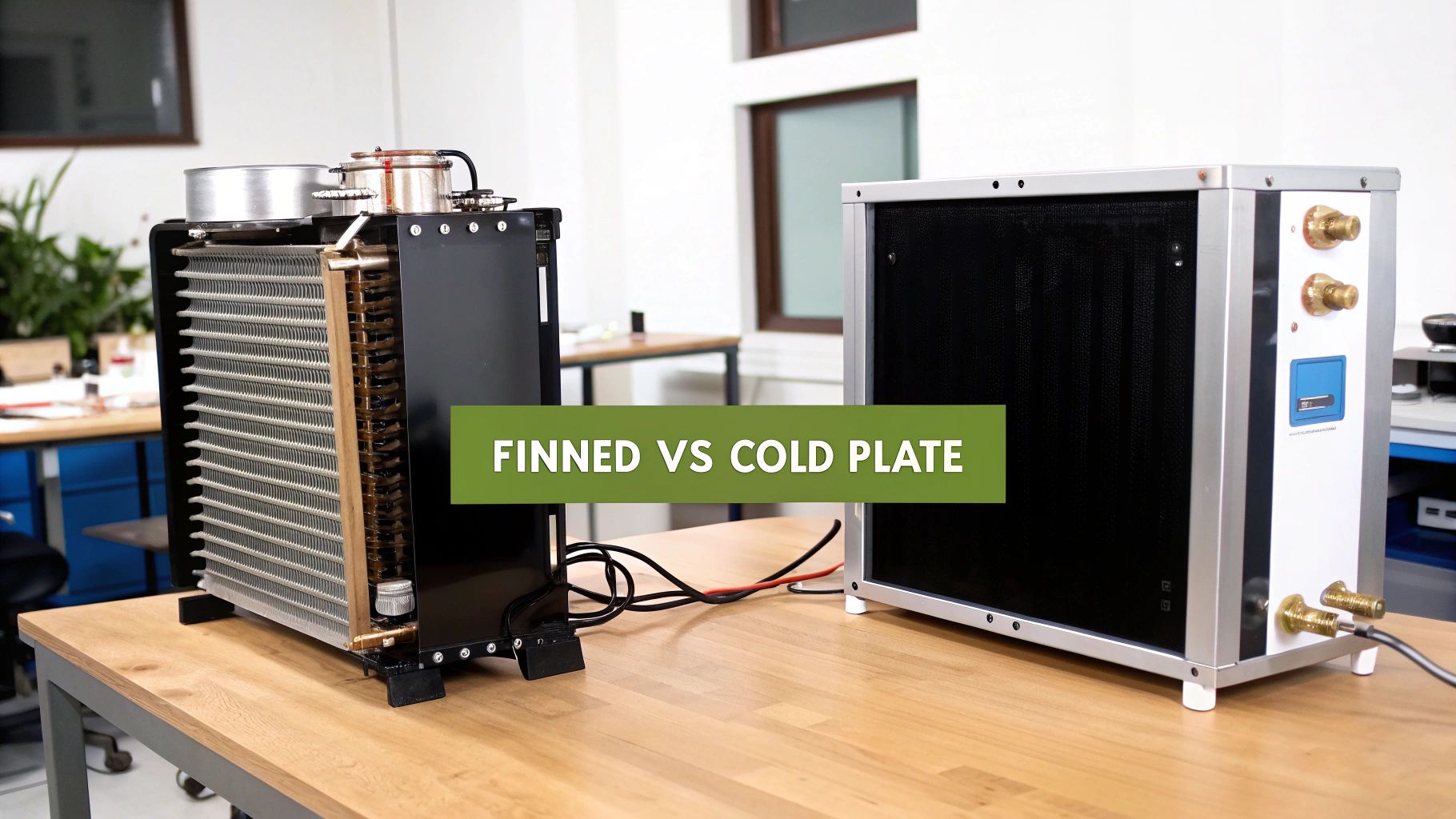 Two different industrial heat exchangers, a finned coil unit and a cold plate chiller, on a wooden table.
