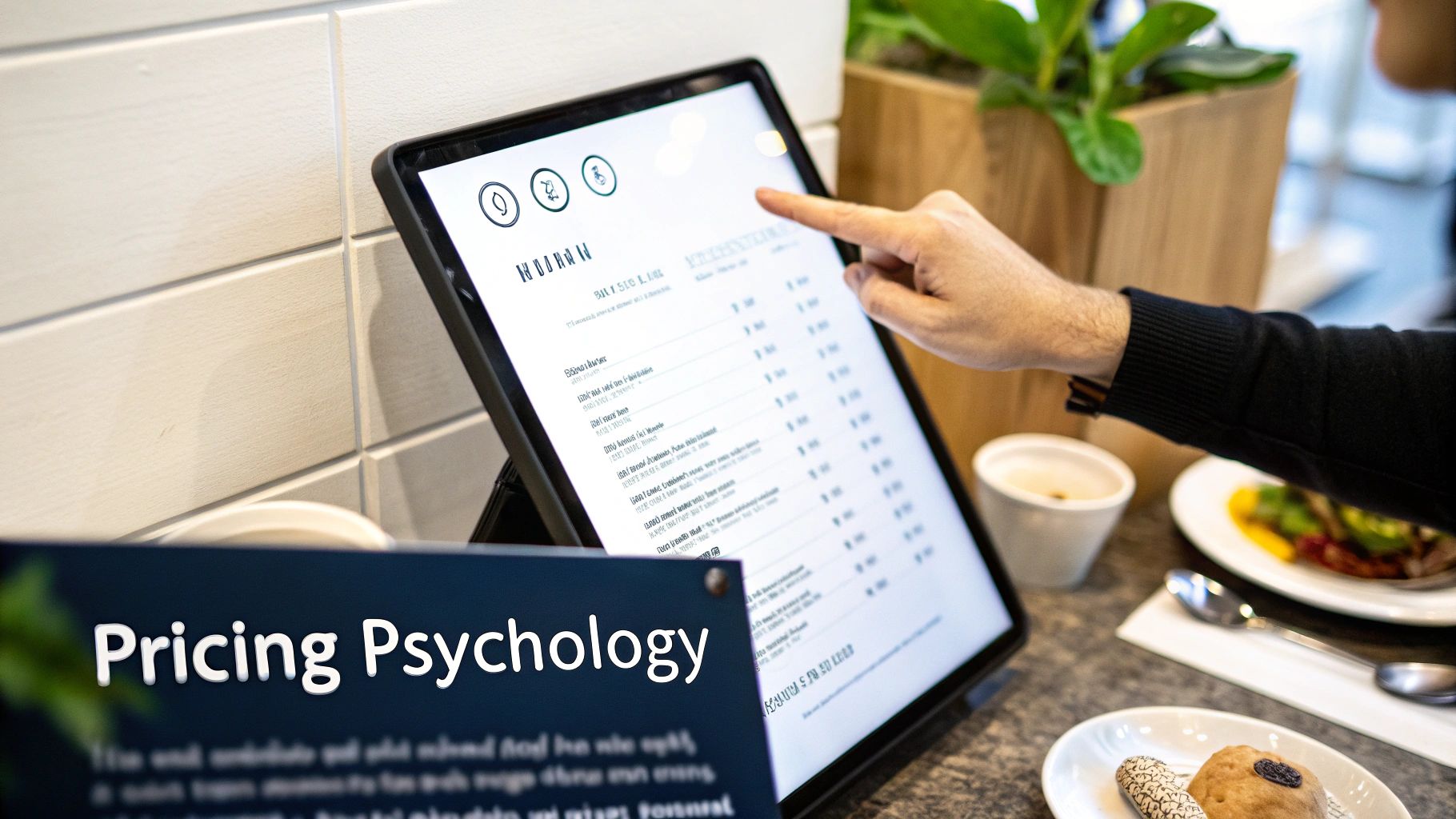 Person's hand touching a digital restaurant menu on a tablet, with a 'Pricing Psychology' sign in the foreground.