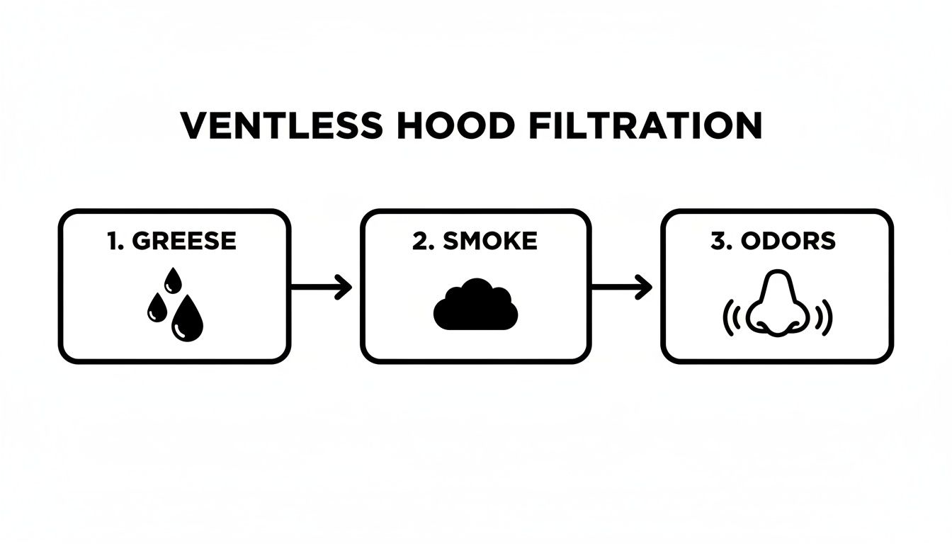 Diagram illustrating the three-step ventless hood filtration process, removing grease, smoke, and odors sequentially.