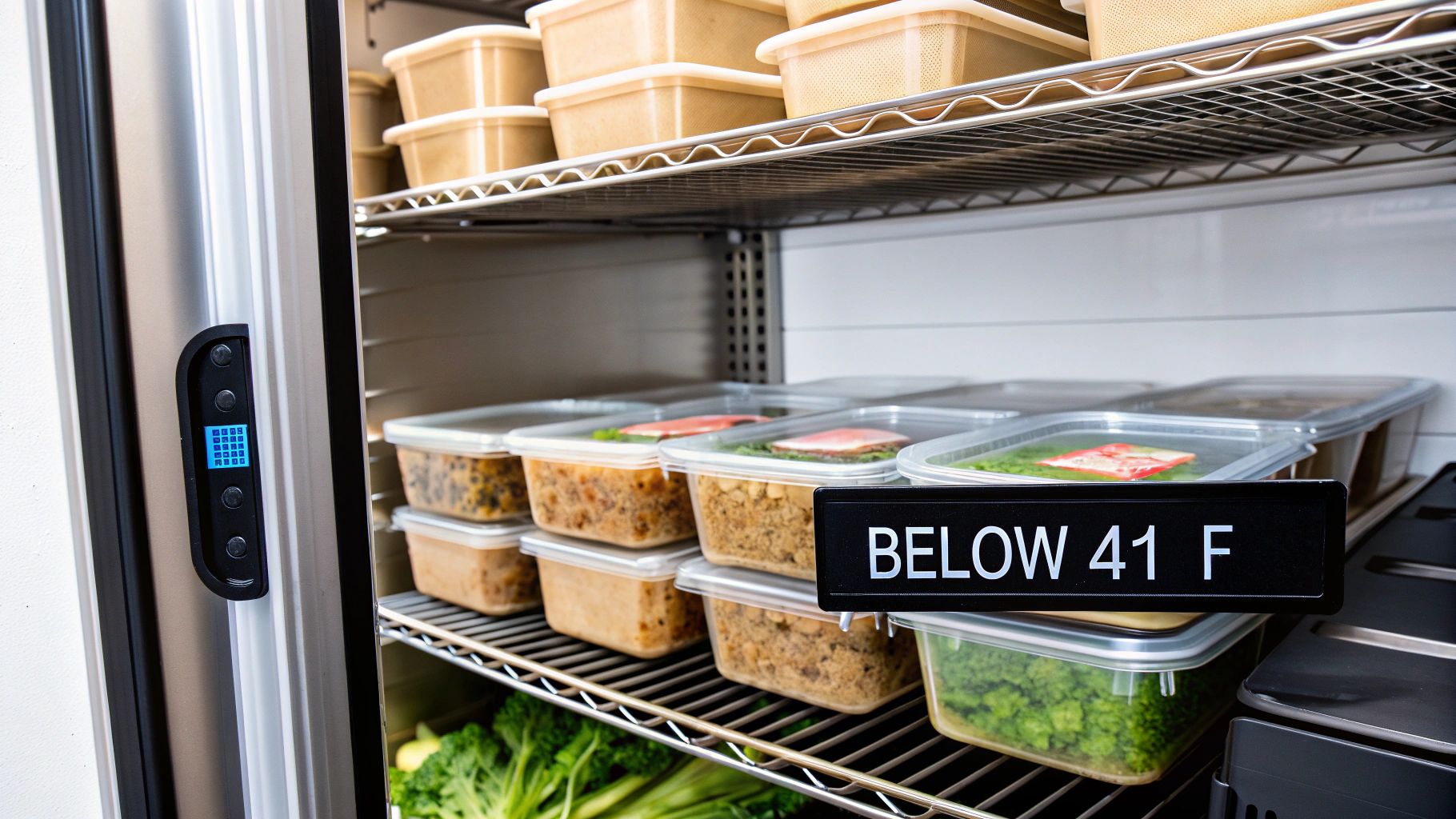 Inside a commercial refrigerator with multiple shelves of prepared food containers, and a sign showing 'BELOW 41 F'.