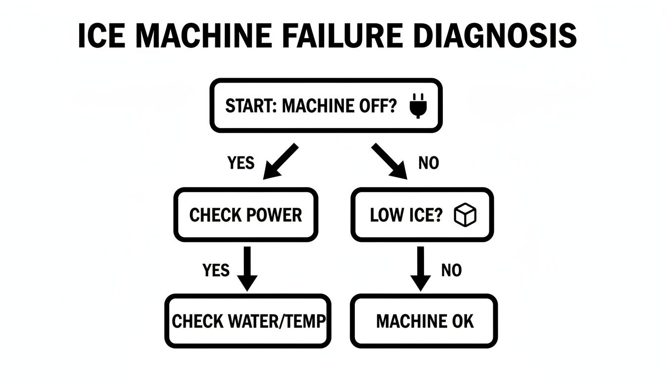 An ice machine failure diagnosis flowchart guiding users through power, water, and ice checks.