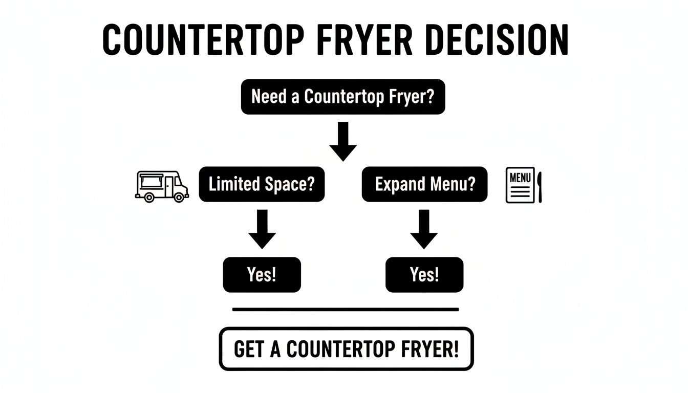 Flowchart explaining the decision to get a countertop fryer, based on limited space or menu expansion.