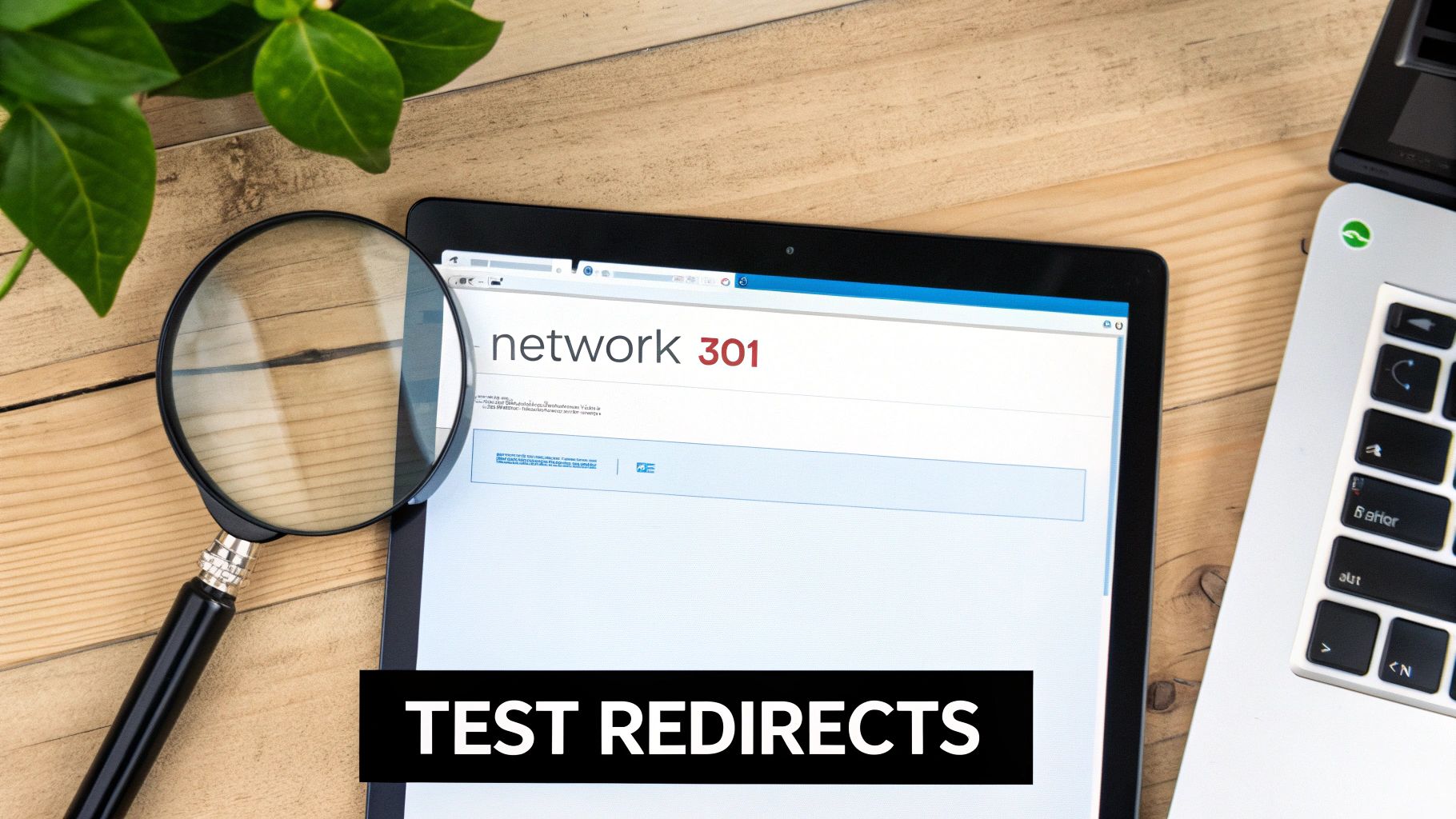 Tablet displaying network 301 redirect error page with magnifying glass on wooden desk
