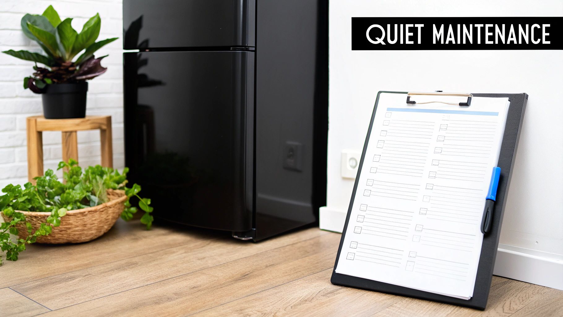 A clipboard with a 'Quiet Maintenance' checklist leaning near a black refrigerator and plants.