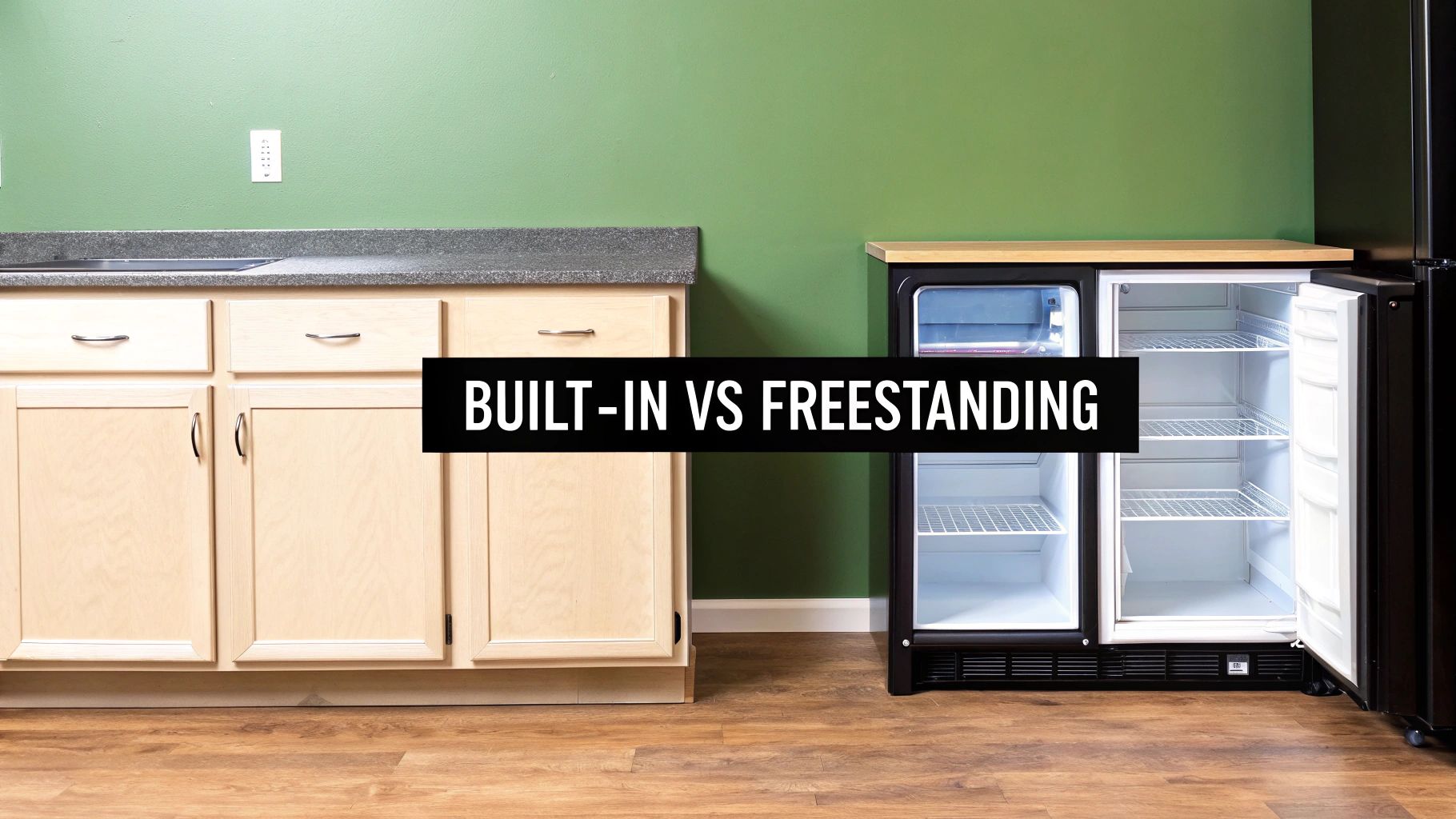 A built-in undercounter refrigerator installed flush with kitchen cabinets.