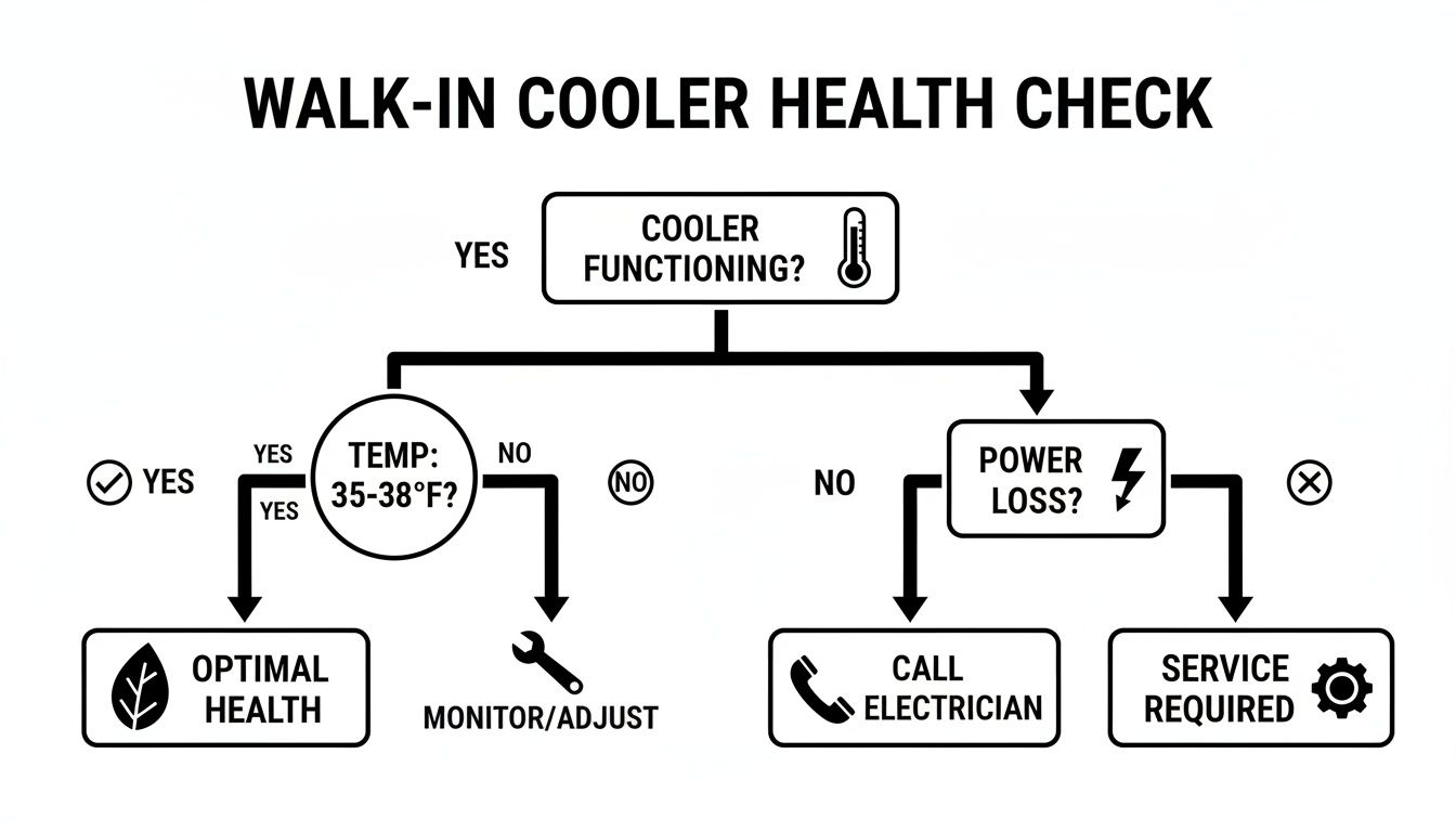 Flowchart for a walk-in cooler health check, diagnosing function, temperature, and power.