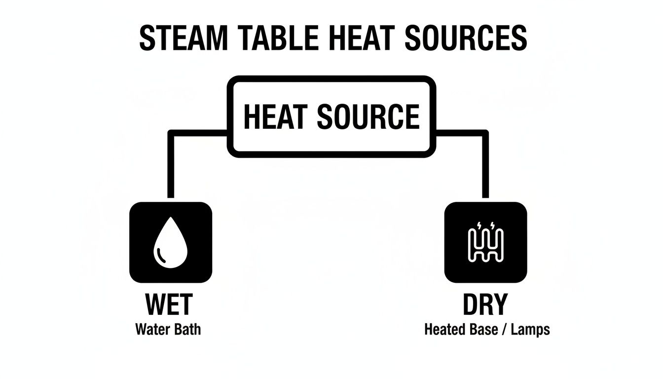 Diagram illustrating steam table heat sources, categorized into wet (water bath) and dry (heated base/lamps).