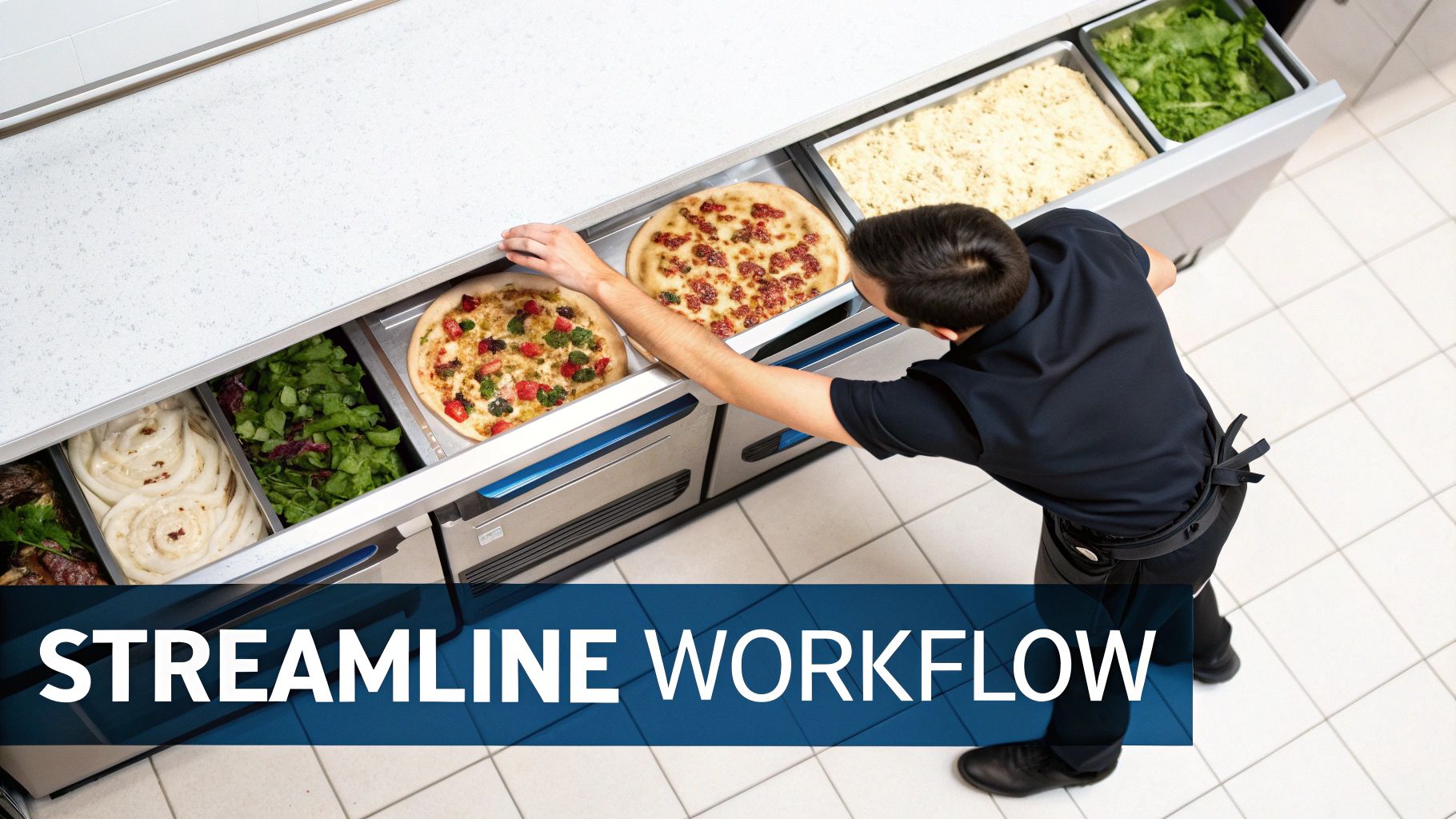 A well-organized pizza prep station with integrated refrigerated drawers filled with fresh ingredients.