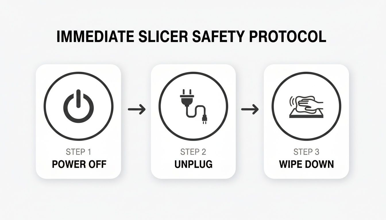 Visual guide outlining three immediate slicer safety protocol steps: power off, unplug, and wipe down.