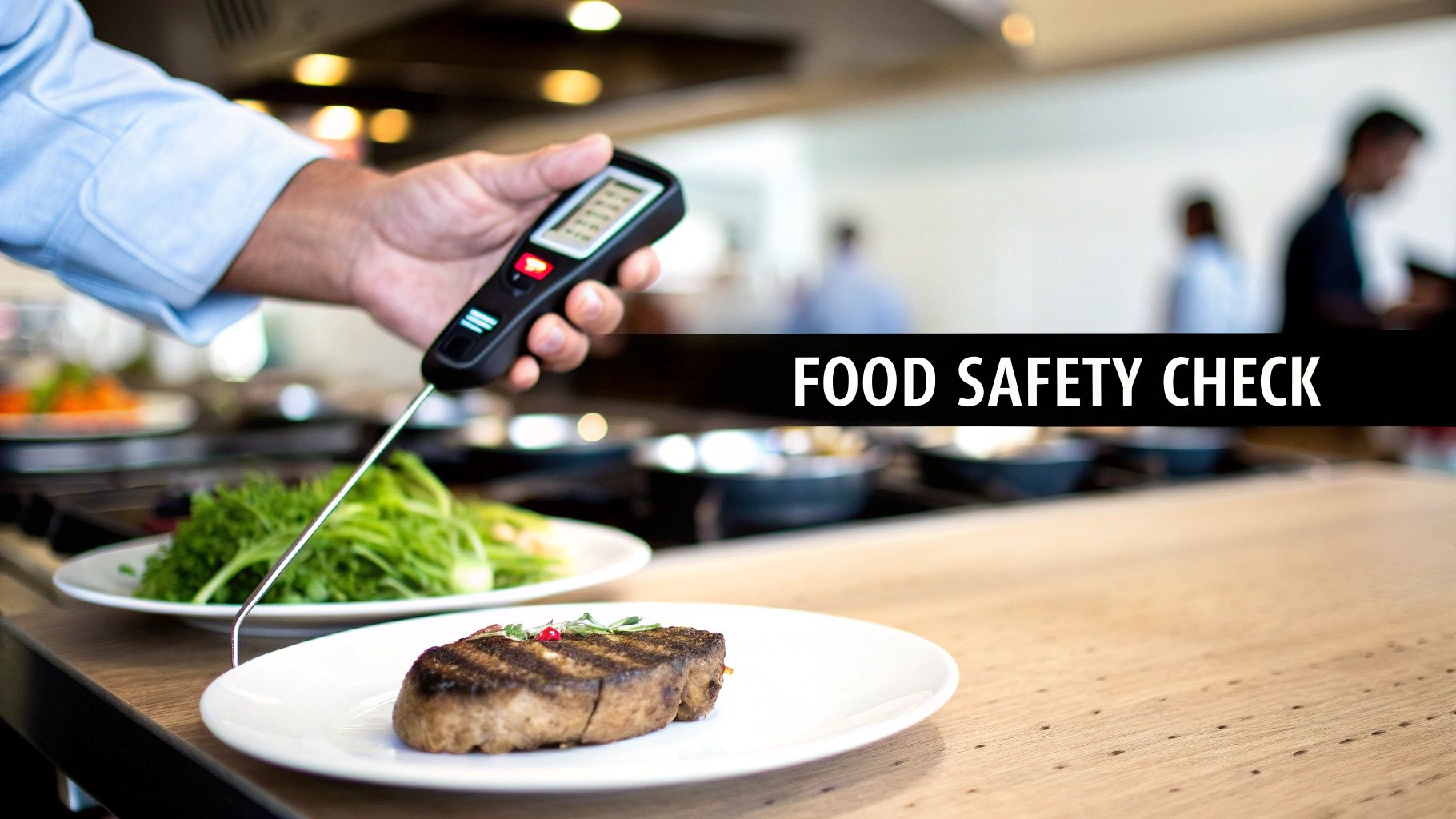 A chef uses a digital thermometer to check the internal temperature of a grilled steak for food safety.