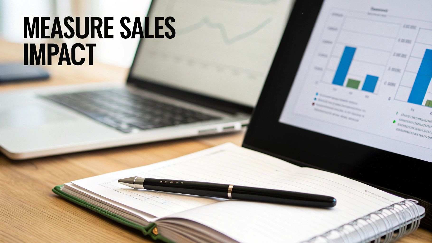 A desk with a laptop and tablet displaying sales charts, alongside a notebook and pen, with text 'MEASURE SALES IMPACT'.