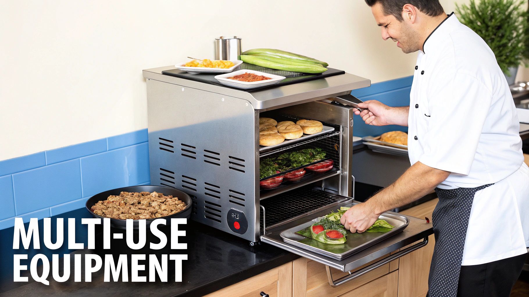 Chef loads multi-use kitchen equipment with buns, vegetables, and meats in a small kitchen.