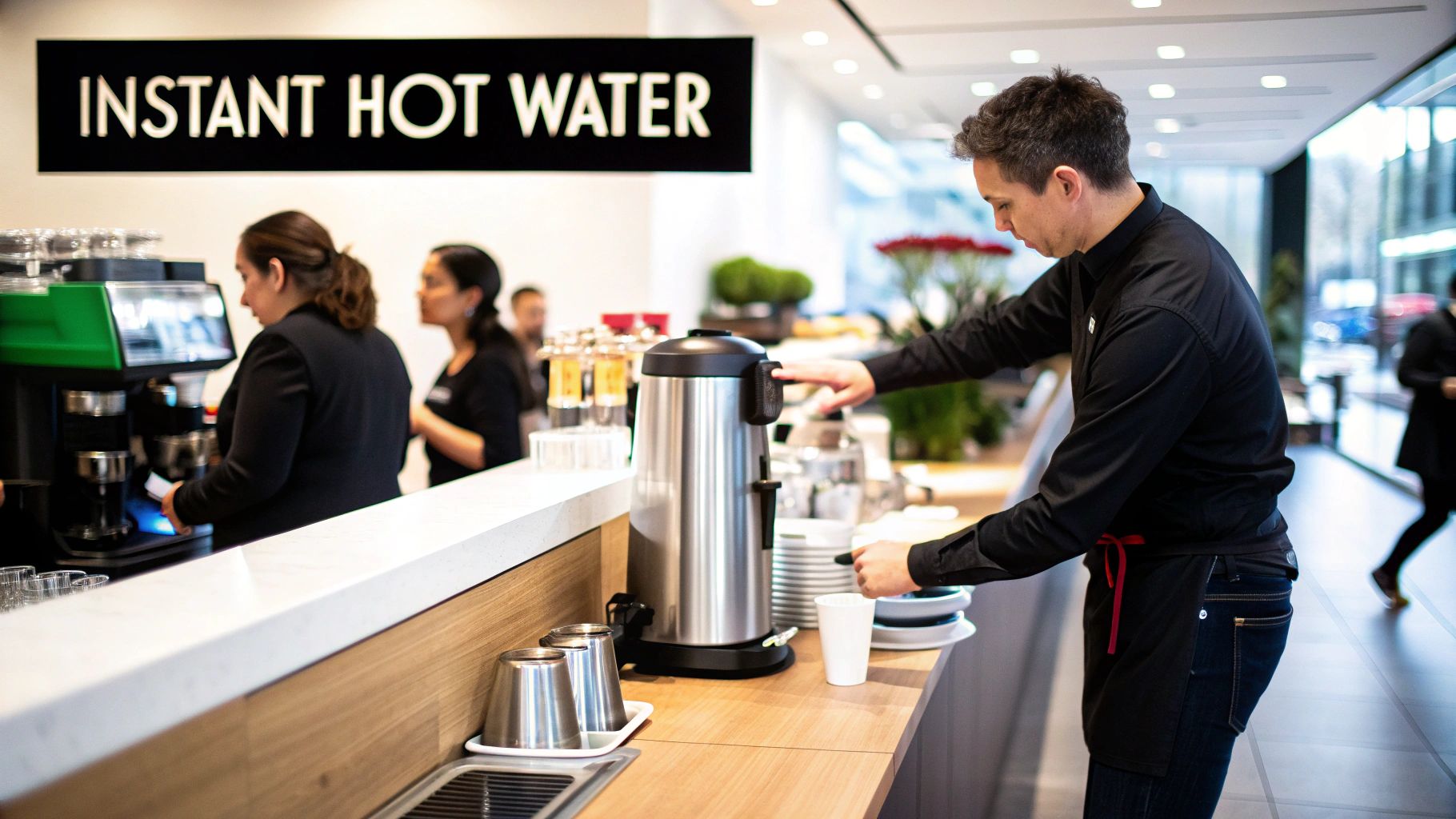 A man dispenses hot water from a commercial unit at a modern self-serve beverage station.