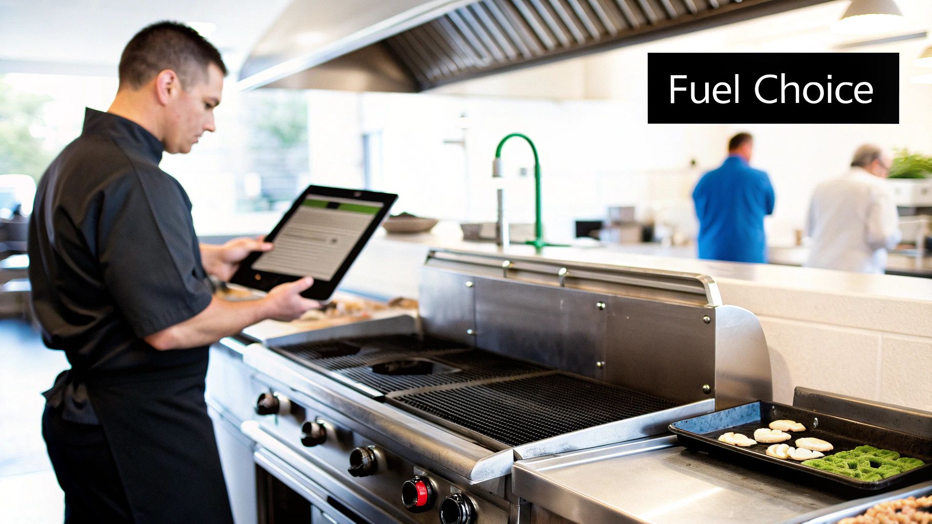 A chef in a professional kitchen uses a tablet next to a commercial grill and food.