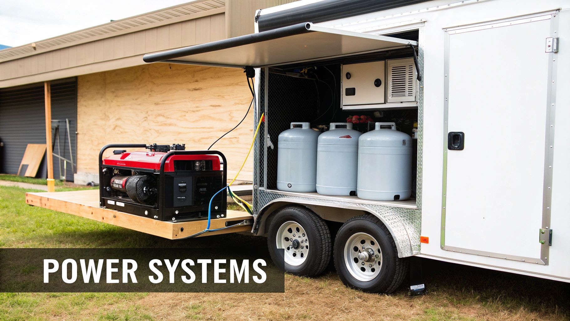 A portable red generator on a wooden platform connected to a white utility trailer with propane tanks.