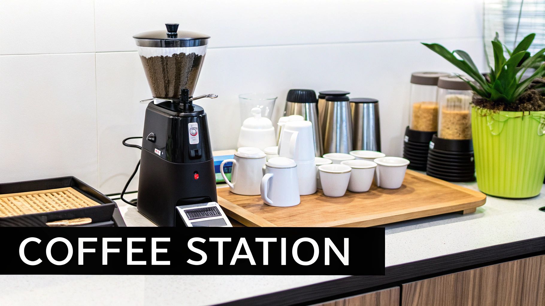 A modern coffee station with a coffee grinder, various cups, thermoses, and dispensers on a wooden tray.