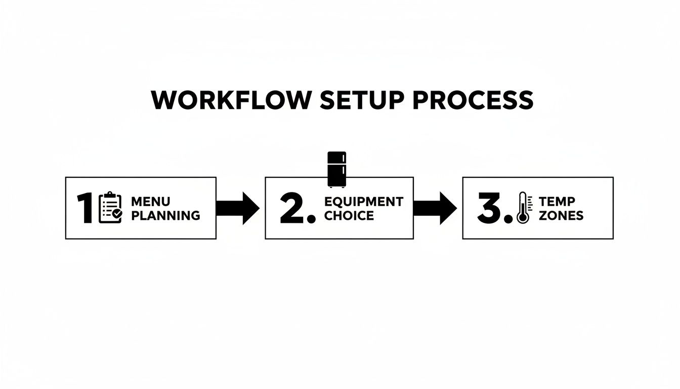 A workflow setup process showing three steps: menu planning, equipment choice, and temperature zones.