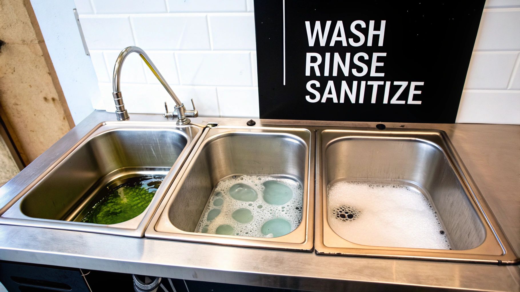 Commercial kitchen three-compartment sink with dishes being washed.