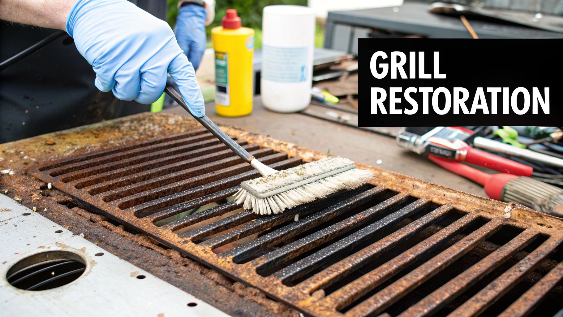 A rusty and neglected BBQ grill grate before restoration.