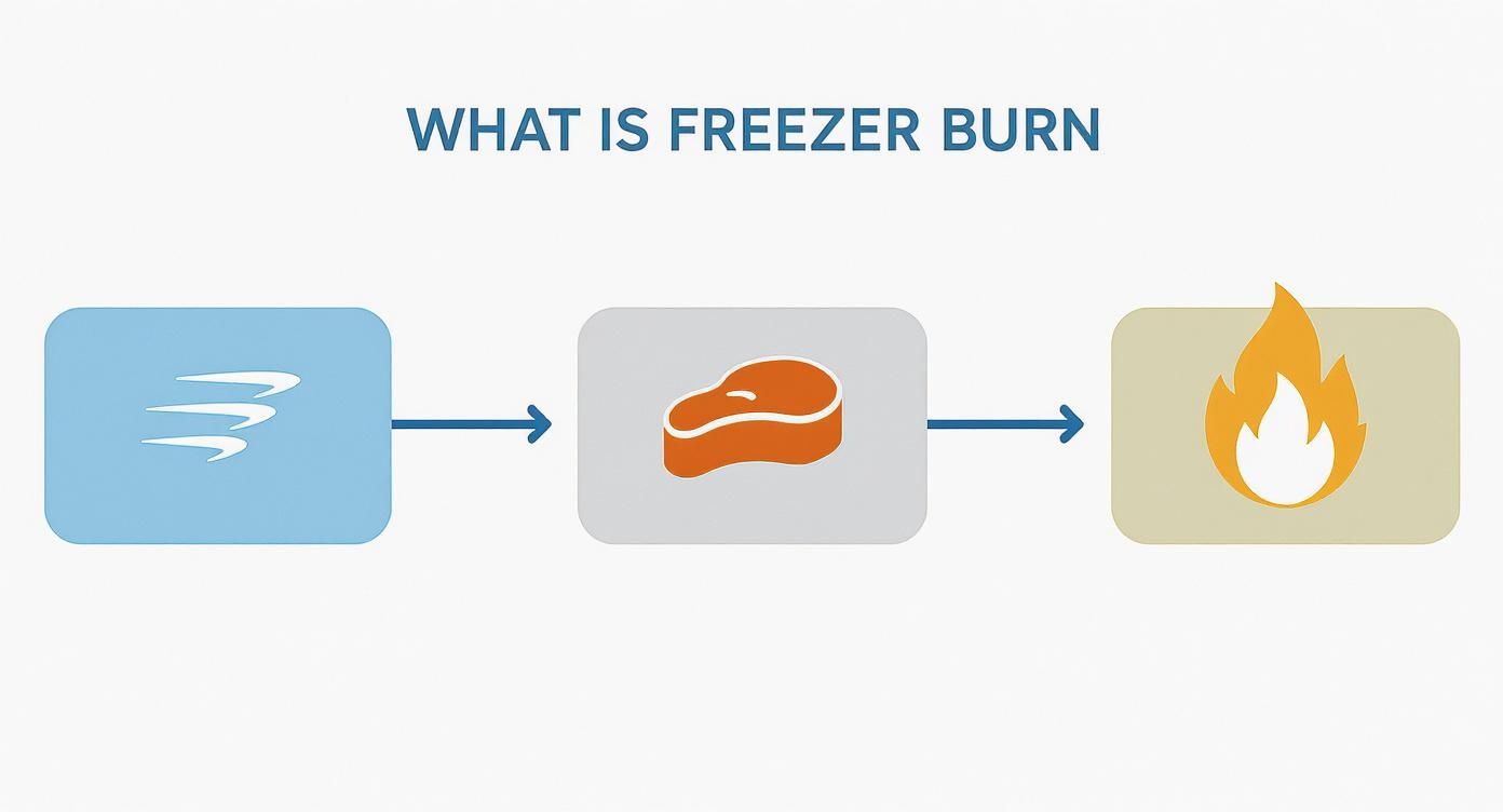A diagram illustrating freezer burn, showing cold air affecting a piece of meat, resulting in damage.